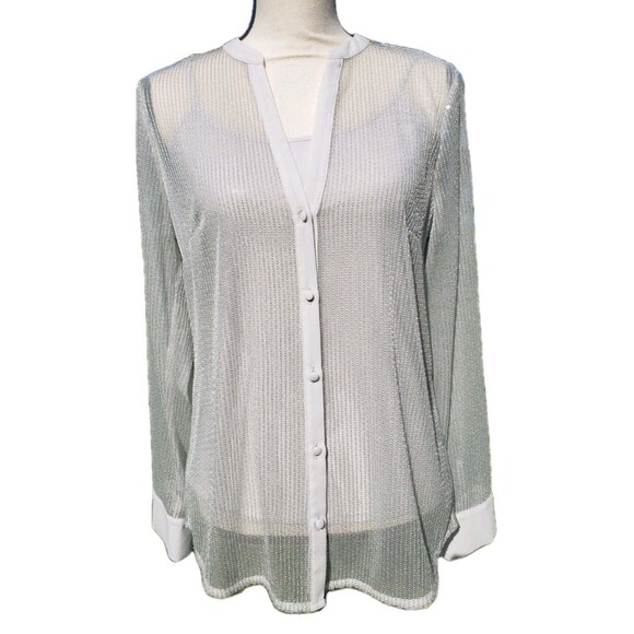 White House Black Market Gray Sequin Sheer Top w/Stretch Tank Shell EUC Sz Small - Picture 1 of 15